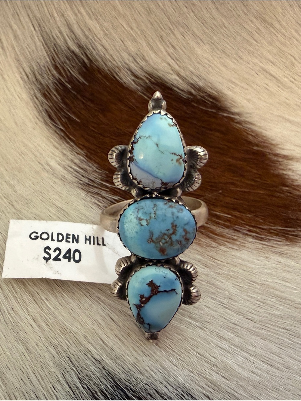 ❤️ Golden Hills 3 Stone Turquoise Sterling Silver Navajo Style Ring Adjustable - Picture 11 of 16